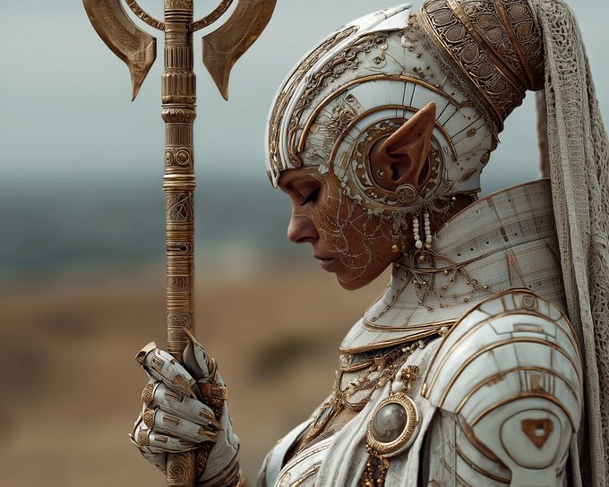Detailed digital artwork depicting a profile view of an elf-like woman adorned in elaborate white and gold armor and a matching headpiece, holding an ornate staff.
