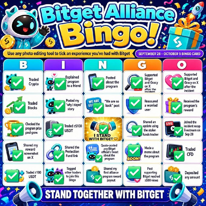 A colorful 'Bitget Alliance Bingo!' promotional graphic for September 28 – October 9, featuring a 5x5 grid of bingo squares with tasks like 'Traded Crypto,' 'Traded Stocks,' 'Supported Bitget and Gracy on X after the incident,' and a central 'I STAND WITH BITGET' square, all marked with green checkmarks.