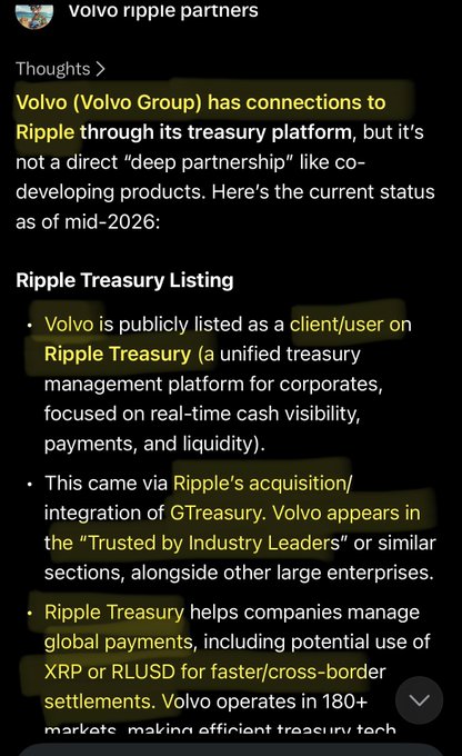 A screenshot of an X post titled 'Volvo ripple partners' discussing Volvo's connections to Ripple through its treasury platform via the acquisition of GTreasury.