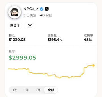 A screenshot of a trading or social profile for 'NPC^_^' displaying portfolio holdings of $1020.05, trading volume of $195.4k, a 45% win rate, and a profit of $2999.05.