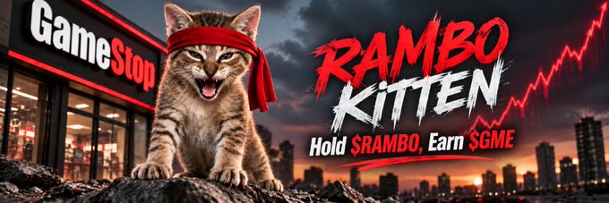 A fierce tabby kitten wearing a red headband crouches atop rubble in front of a GameStop store, with a red rising stock chart in the background. The banner promotes the Robinhood token "$RAMBO" with the text "RAMBO KITTEN - Hold $RAMBO, Earn $GME," tying the meme's warrior theme to GameStop ($GME) and the new $RAMBO token.
