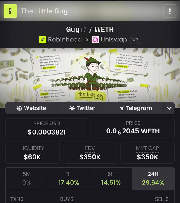 A cryptocurrency tracking app screen for 'The Little Guy' token (Guy/WETH) on Robinhood/Uniswap V3, showing a price of $0.0003821, FDV of $350K, and a 24H change of 29.64%.