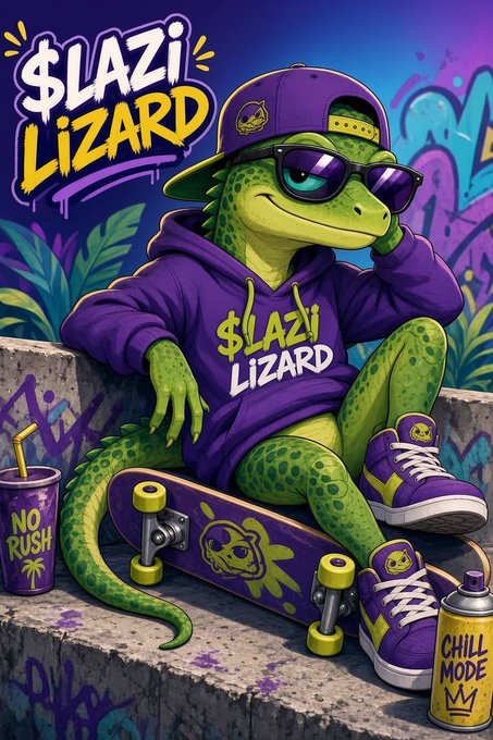 A vibrant illustrated character design titled '$LAZi Lizard' featuring a green lizard wearing a purple 'Lizard' hoodie, cap, and sneakers, sitting with a skateboard and a 'NO RUSH' cup.