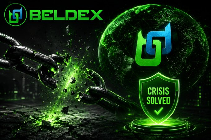 Promotional graphic for 'BELDEX' cryptocurrency featuring a green globe, a logo, and a 'CRISIS SOLVED' shield breaking through chains.