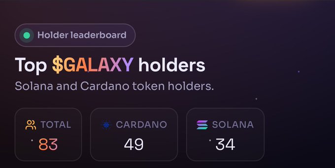 A 'Holder leaderboard' dashboard displaying 'Top $GALAXY holders' for Solana and Cardano token holders, showing a total of 83 (49 Cardano, 34 Solana).
