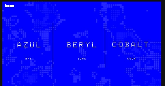 A blue pixel-art style graphic displaying three milestones: 'AZUL' (MAY), 'BERYL' (JUNE), and 'COBALT' (SOON) over a stylized world map.