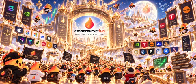 A grand "Community Act Now" rally for EmberCurve.fun showcases crowds of flame-mascot supporters and partnered tech brands (Spotify, Apple, Google, Microsoft, Amazon) holding banners like "Engels Free," "Tower Together," and "SPY 9G" beneath a glowing castle. The festive scene ties directly to the post's greeting from $EMBER and @Emberfriends, visually celebrating the coin's vibrant community and broad industry appeal.