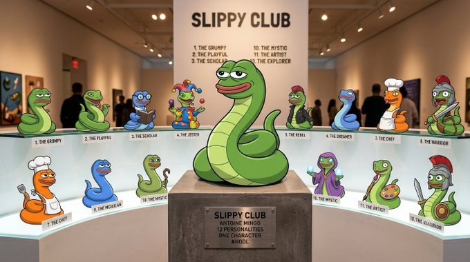 An art gallery display titled "SLIPPY CLUB" features a central snake statue on a pedestal, surrounded by shelves displaying various cartoon snake figurines with different occupations like "1. THE GRUMPY," "7. THE CHEF," and "8. THE WARRIOR."