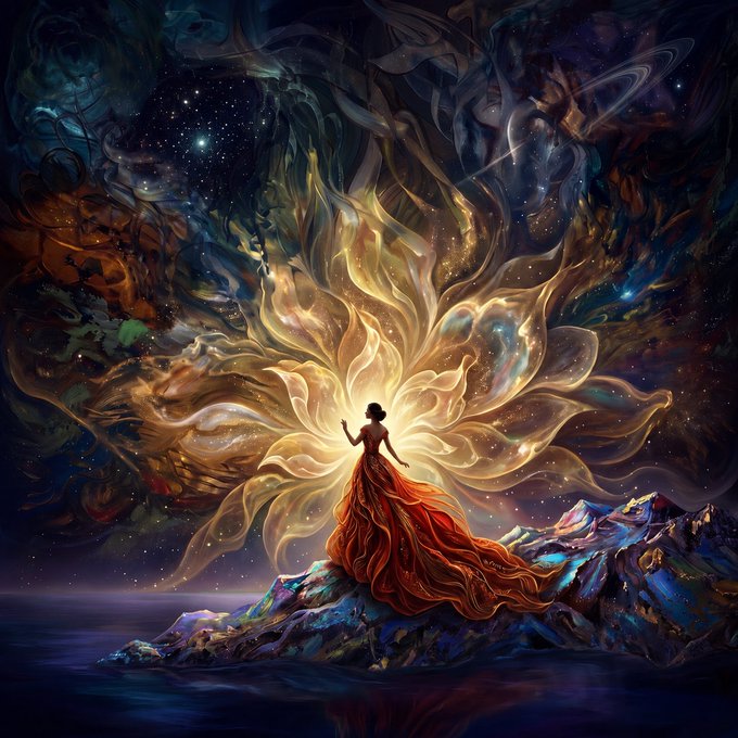 A fantasy digital painting of a woman in a flowing red dress standing on a rocky shore, silhouetted against a massive, luminous flower-like cosmic formation in the night sky.