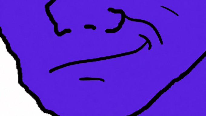 A simple purple line drawing of a face with a smug or skeptical expression.