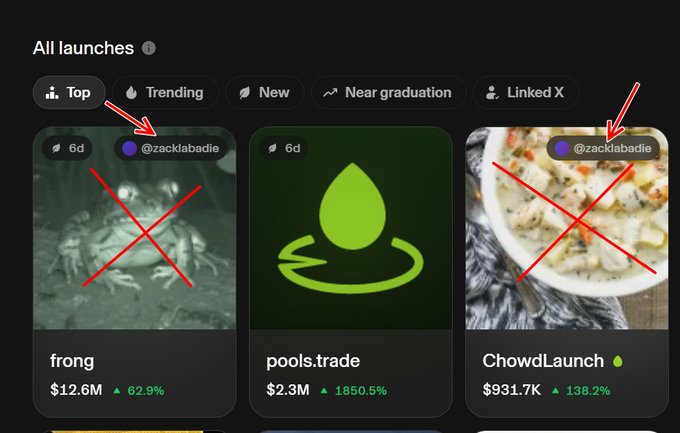 The image shows a crypto launch platform displaying three tokens—"frong" ($12.6M, +62.9%), "pools.trade" ($2.3M, +1850.5%), and "ChowdLaunch" ($931.7K, +138.2%)—with red X marks drawn over two tokens to highlight that they were launched by Uniswap designer @zacklabadie, emphasizing that the $POOLS token predates the launcher's other projects.