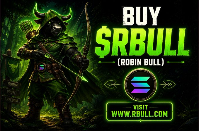A promotional crypto giveaway image features a hooded bull archer in green armor holding a bow and a sign reading "HONOR PROFIT FREEDOM," with bold text advertising "BUY $RBULL (ROBIN BULL)" and directing viewers to "VISIT WWW.RBULL.COM," aligning with the $RBULL token giveaway post offering $SOL rewards for participants.