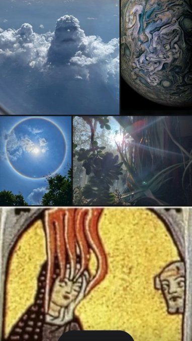 A collage of five distinct images, including clouds, Jupiter, a sun halo, a sunlit forest, and a stained-glass style illustration of two figures.