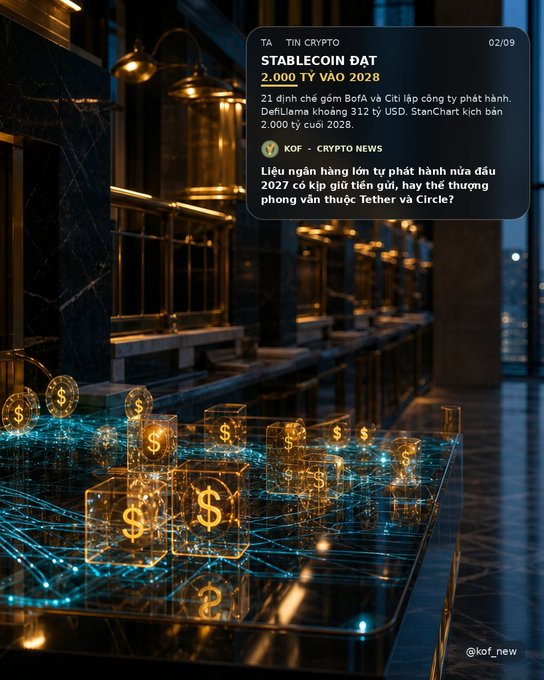 A Vietnamese crypto news post titled 'STABLECOIN ĐẠT 2.000 TỶ VÀO 2028' set against a 3D background of glowing golden dollar sign cubes on a digital grid.