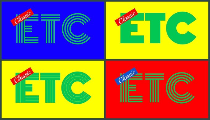 Four graphic design variations displaying "ETC" text and a "Classic" label in green and red on blue, yellow, and red backgrounds.