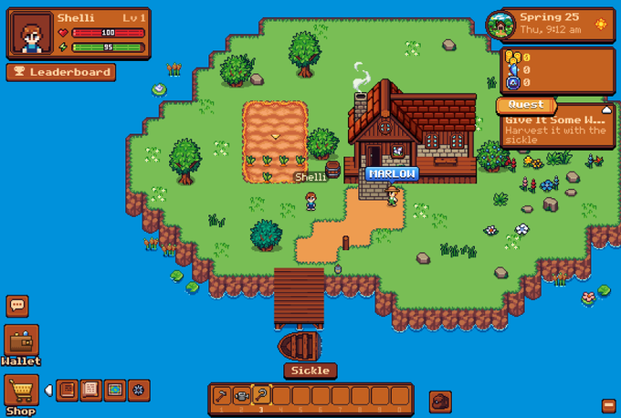 A pixel art farming video game screen showing a character named "Shelli" standing outside a "Seed Shop" with a "HARLON" NPC, featuring a "Quest" to "Give It Some H... Harvest it with the sickle" and the date "Spring 25".