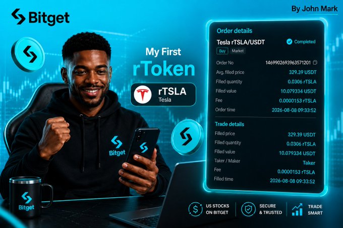 A promotional graphic for 'Bitget' featuring a smiling man looking at his smartphone, advertising 'My First rToken rTSLA Tesla' with completed order details showing a market buy order on the right side.