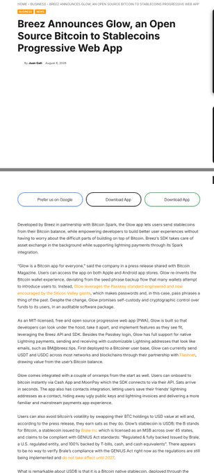 Article titled 'Breez Announces Glow, an Open Source Bitcoin to Stablecoins Progressive Web App' by Josie Bell, dated August 6, 2024, discussing Breez's partnership with Bitcoin Spark to develop a press-release themed app that enables BTC payments via Lightning.