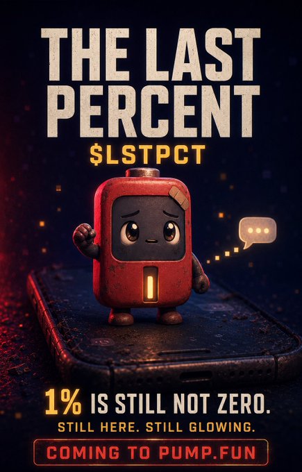 A promotional poster for '$LSTPCT' titled 'THE LAST PERCENT' featuring a small red robot character on a smartphone, with the tagline '1% is still not zero. Still here. Still glowing. Coming to Pump.fun.'
