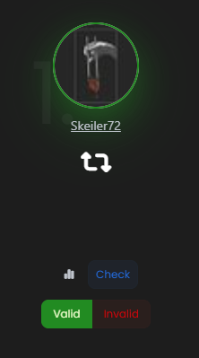A screenshot showing a user profile for 'Skeiler72' with a dark avatar, displaying validation buttons including 'Check', 'Valid' (green), and 'Invalid' (red), along with swap arrows.