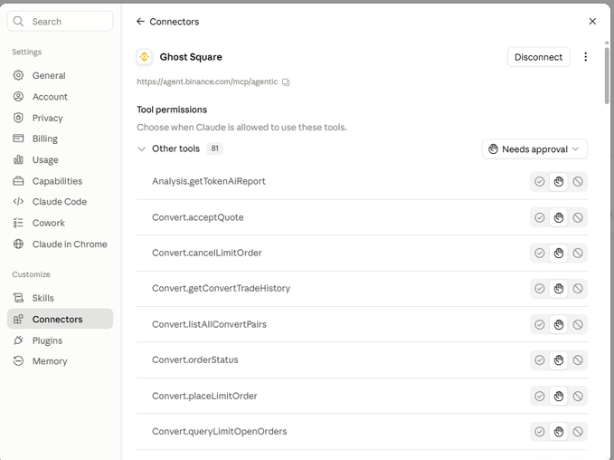 A settings page showing Claude's Connectors interface with the 'Ghost Square' (Binance) connector connected, displaying tool permissions for various Convert and Analysis operations.