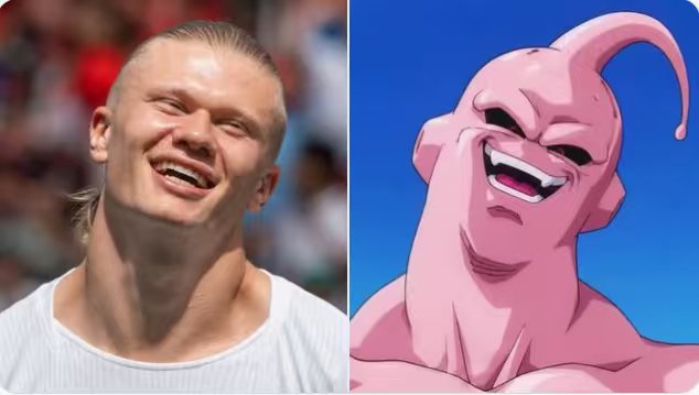 A side-by-side comparison showing a blonde man laughing on the left and the pink anime villain Majin Buu laughing on the right, humorously drawing a resemblance between the two for a World Cup prediction promotional post by OKX.