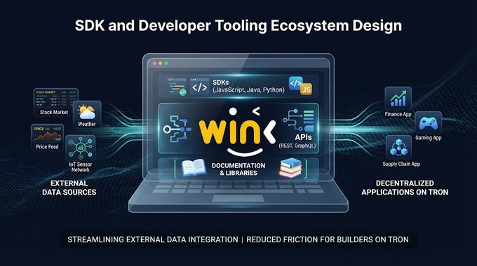 Infographic titled 'SDK and Developer Tooling Ecosystem Design' showing a laptop with the 'win' logo connecting external data sources to decentralized applications on Tron.