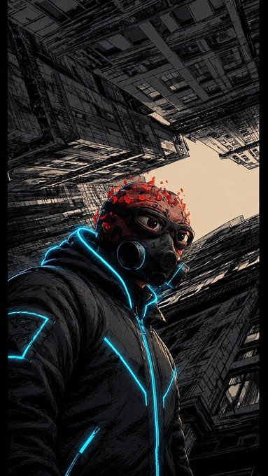 A stylized digital artwork depicts a figure wearing a gas mask and a black jacket outlined in glowing blue neon lines, looking up from within a narrow canyon of dark, towering buildings.