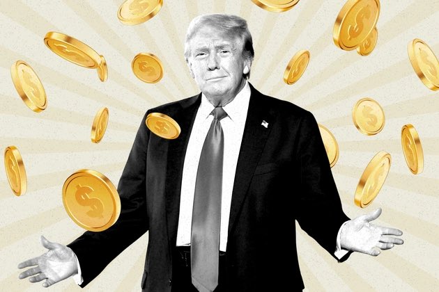 A black and white cutout of Donald Trump in a suit with his arms outstretched, surrounded by floating 3D gold coins bearing the letter 'B' against a yellow sunburst background.