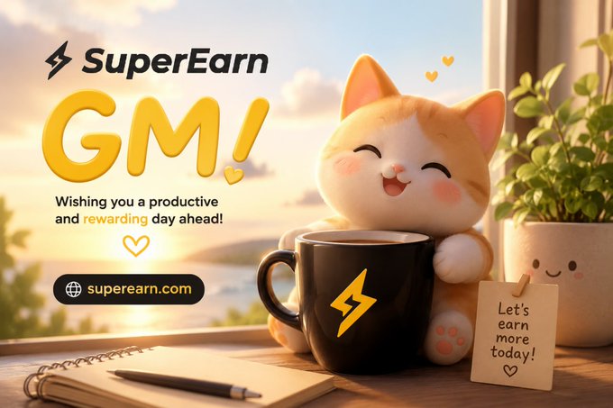 A cheerful marketing graphic for 'SuperEarn' featuring an orange and white cat with a coffee mug, displaying 'GM! Wishing you a productive and rewarding day ahead!' and 'superearn.com'.