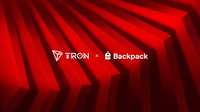 A red graphic with geometric background features the logos and text 'TRON x Backpack'.