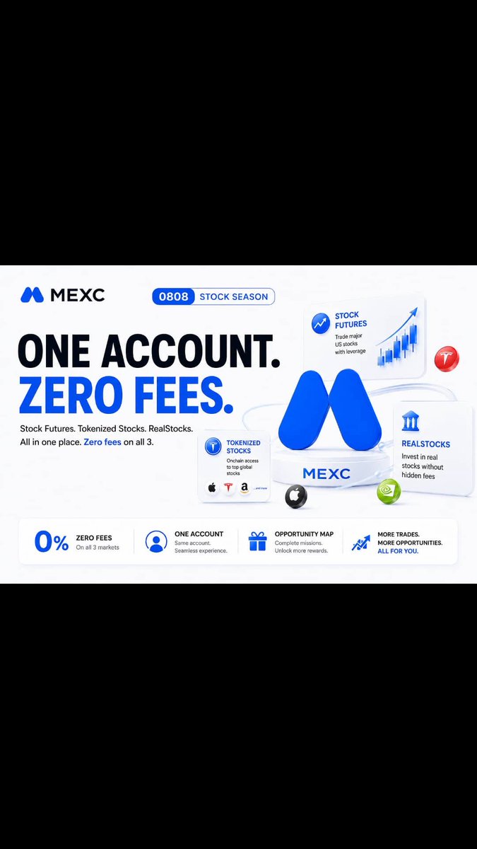 An advertisement for MEXC cryptocurrency exchange featuring the text 'ONE ACCOUNT. ZERO FEES.' and '0808 STOCK SEASON', promoting Stock Futures, Tokenized Stocks, and RealStocks.