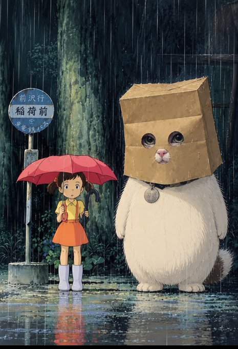 A Studio Ghibli-style illustration depicts a young girl with a red umbrella standing next to a fluffy white cat wearing a paper bag on its head in the rain, near a Japanese bus stop sign reading 'Maejima 稲荷前'.