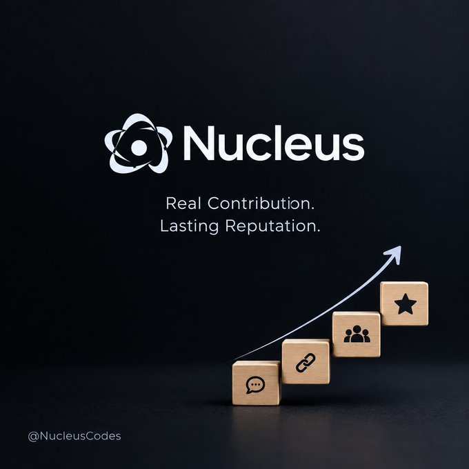 A promotional graphic for 'Nucleus' featuring the tagline 'Real Contribution. Lasting Reputation.' with wooden blocks showing chat, link, community, and star icons, branded @NucleusCodes.