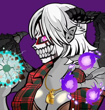 An anime-style illustration of a skeletal character with white hair, horns, and one glowing pink eye, wearing a red plaid shirt and a gold chain, holding a glowing cyan virus-like sphere against a purple background.