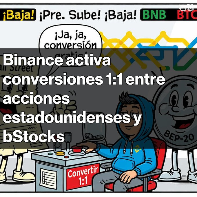 A Spanish-language crypto news graphic stating 'Binance activa conversiones 1:1 entre acciones estadounidenses y bStocks' featuring cartoon characters at a conversion machine.