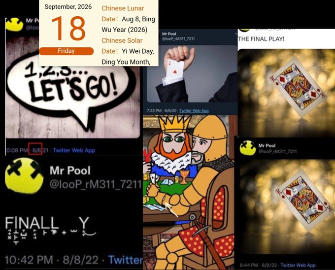 A collage shows tweets from "Mr Pool @looP_rM311_7211" featuring a speech bubble reading "1,2,3... LET'S GO!", a hand holding an ace of hearts, a King of Diamonds card, a cartoon king playing cards, and the text "FINALLY", along with a date stamp of September 18, 2026 and Chinese lunar calendar details. The image has no apparent connection to the CFTC crypto regulation announcement, appearing to be an unrelated collection of social media posts about card games or pool.