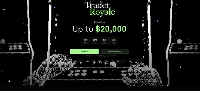 The image displays a promotional graphic for "Trader Royale," featuring pixel-art hands holding a game controller with a countdown timer showing 5 days, 9 hours, 10 minutes, and 35 seconds remaining, along with a prize pool of "Up to $20,000" and a "Joined ✓" button confirming participation. This visual directly supports the post announcing TxFlow's trading competition with a $20K prize pool, inviting users to join via the provided link before the 5-day deadline expires.
