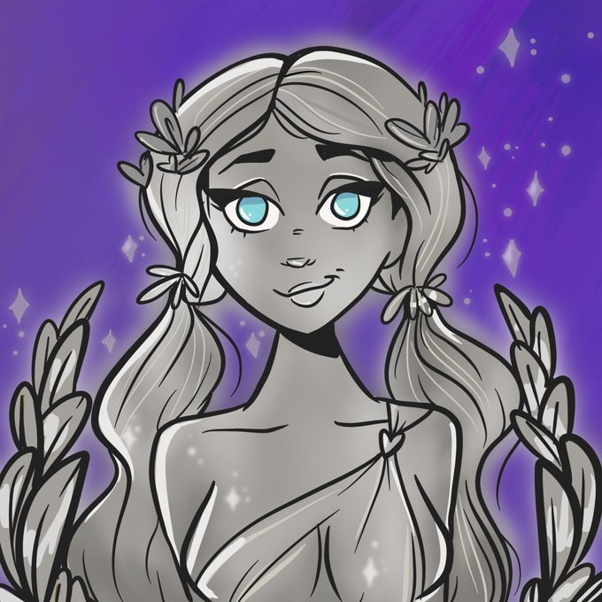 A digital illustration of a stylized female figure with flowing white hair, bright blue eyes, a white dress, and laurel wreath accents, set against a vibrant purple background scattered with star shapes.