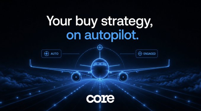 An advertisement featuring an airplane cockpit view with text reading 'Your buy strategy, on autopilot.' and the 'core' logo, along with 'AUTO' and 'ENGAGED' indicators.