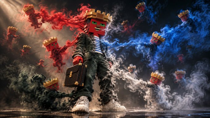 A surreal, darkly stylized artwork showing a central figure with a crowned Lego-like head holding a briefcase, surrounded by smaller floating crowned red figures amid red and blue smoke.