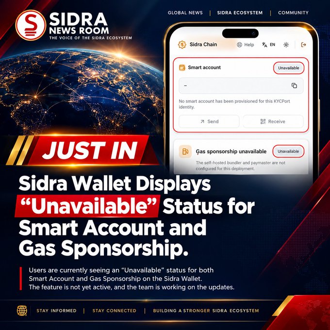 A news graphic from "Sidra News Room" titled "JUST IN" announcing that the Sidra Wallet Displays "Unavailable" Status for Smart Account and Gas Sponsorship, featuring a screenshot of the wallet app.