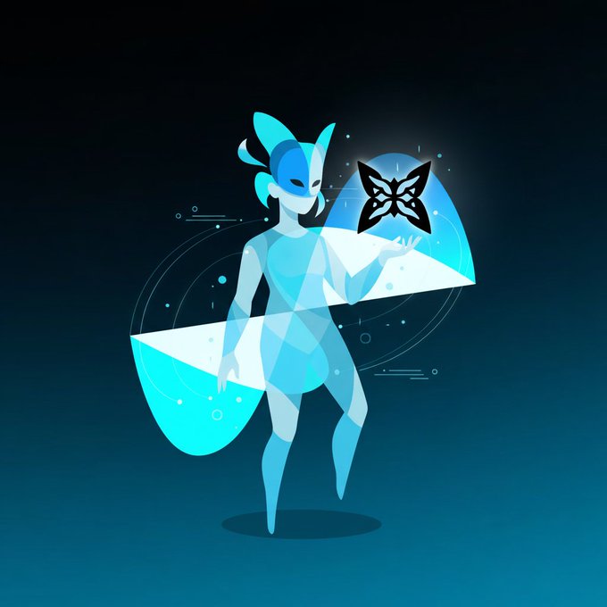 The image features an illustration of a woman dressed as a fairy, holding a butterfly in her hand against a blue background. The scene appears to be set in a digital art style, possibly created using a computer program like Photoshop or Illustrator. The woman is wearing a mask and has wings on her back, giving the impression that she is a magical creature from another world.