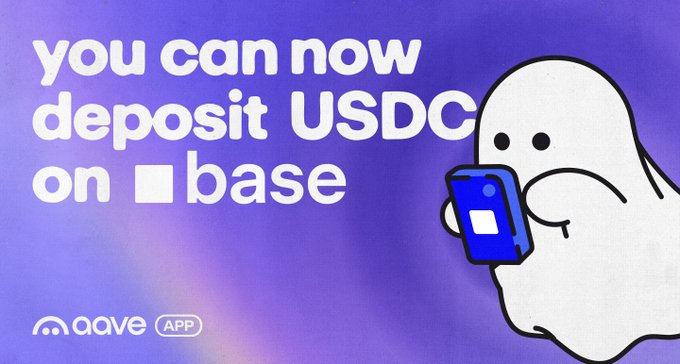 A promotional graphic with a purple gradient background features bold white text reading "YOU CAN NOW DEPOSIT USDC ON base" alongside a ghost mascot holding a smartphone, with the Aave app logo in the bottom corner. The image visually announces Aave's new USDC deposit functionality on the Base network, matching the post about waitlist access via Ghost Pass code "AAVEONBASE."