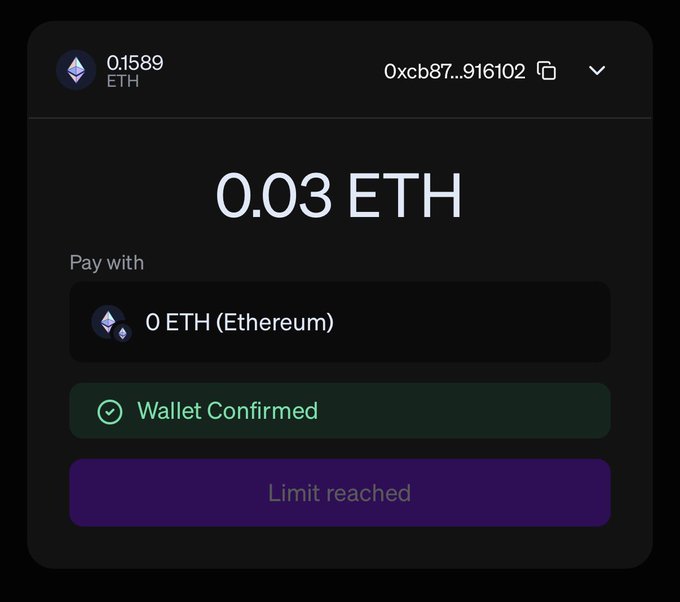 A digital wallet interface shows a transaction of 0.03 ETH with 0.1589 ETH available, displaying "Wallet Confirmed" but a disabled "Limit reached" button, illustrating the user's experience of hitting the maximum mint cap during the Blokyz NFT presale.