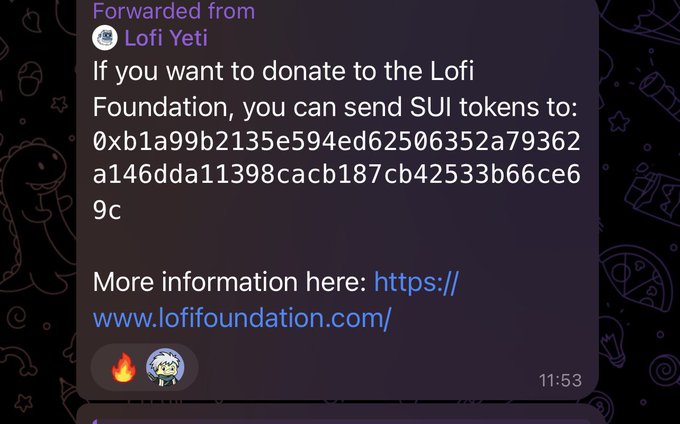 A forwarded message from "Lofi Yeti" displays a SUI wallet address (0xb1a999b2135e594ed62506352a79362a146dda11398cacb187cb42533b66ce6 9c) for donating to the Lofi Foundation, along with a link to lofifoundation.com. This relates to the post's mention of charitable contributions in the SUI ecosystem, highlighting ongoing philanthropic efforts like those from Suicatdotsui.