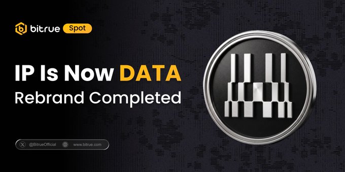 The Bitrue "IP is Now DATA" rebranding is complete, with deposits, withdrawals, and $DATA/$USDT trading now open on their platform. The image visually confirms this rebranding by displaying the old logo next to the new one, along with the text "IP Is Now DATA Rebrand Completed."