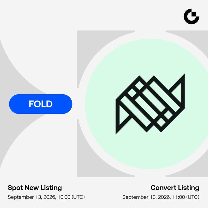The image is a Gate.io announcement graphic for the new listing of $FOLD, featuring a geometric fold-style logo with event details for a Spot New Listing at 10:00 UTC and Convert Listing at 11:00 UTC on September 13, 2026.