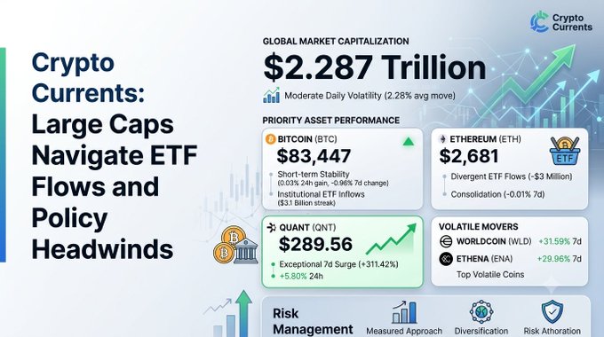 A Crypto Currents infographic titled 'Large Caps Navigate ETF Flows and Policy Headwinds,' showing global market cap of $2.287 Trillion, Bitcoin at $83,447, Ethereum at $2,681, and Quant at $289.56 with notable volatility metrics.