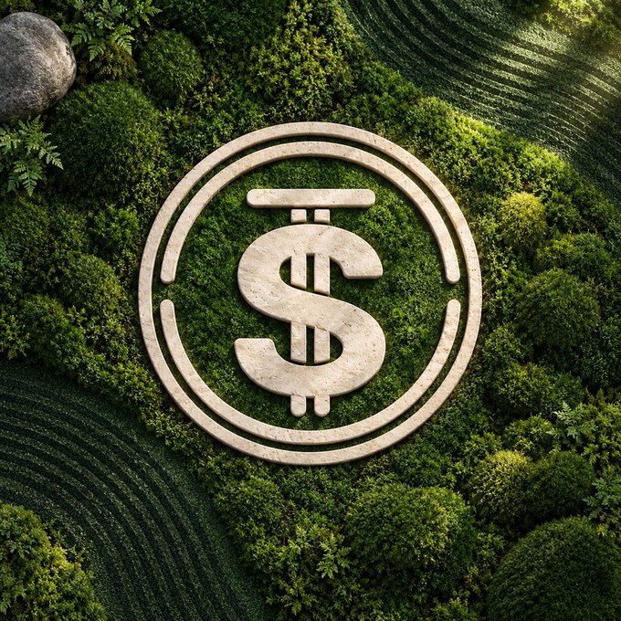 A circular stone-textured logo featuring a dollar sign ($) is set against a lush green mossy background with flowing water patterns.